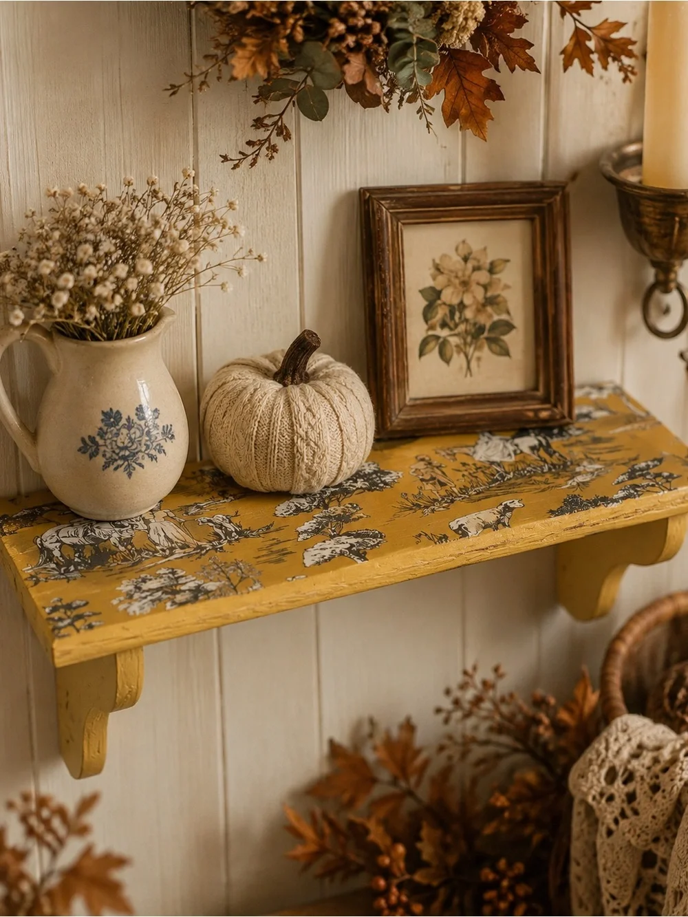 Rustic Yellow Decorative Wall Shelf w/English Toile Transfer.